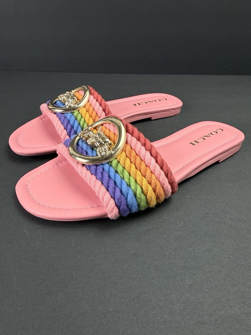 Coach Women’s 6 Pink Leather Slide Sandals Rainbow Strap Logo Accent